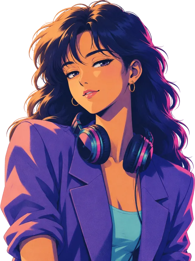 Mona Reyes: rambut panjang bergelombang, headphone besar di leher, blazer ungu dengan lengan digulung.