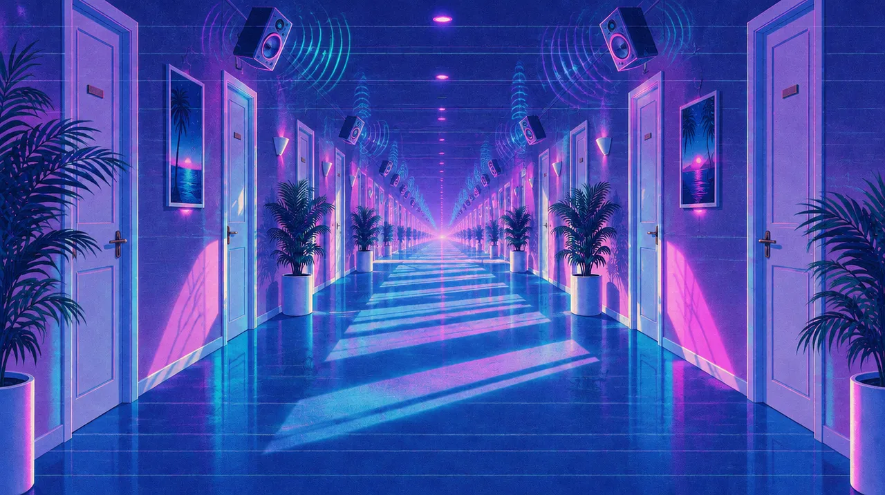 Versi Static dari koridor Hotel Paloma: lorong ungu gelap yang berulang tanpa ujung, pintu-pintu bercahaya magenta.