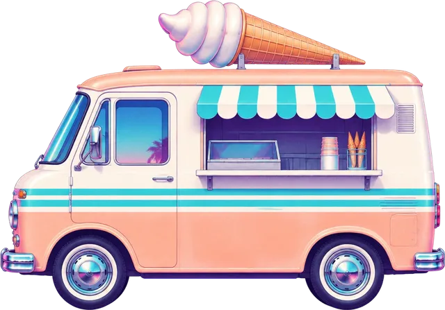 Truk es krim Frosty Lido milik Tommy, persik dan putih dengan contong besar di atap.